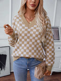 Checkered V-Neck Dropped Shoulder Sweater - Trendsi - Flyclothing LLC