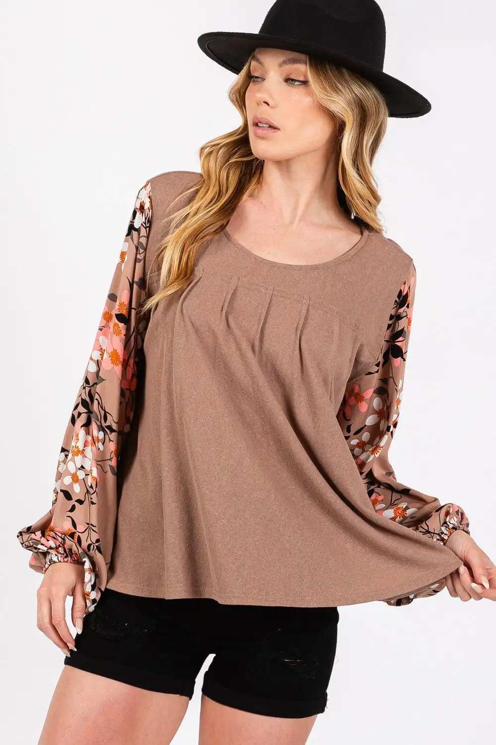 SAGE + FIG Floral Long Sleeve Front Pleated Detail Blouse - Trendsi - Flyclothing LLC
