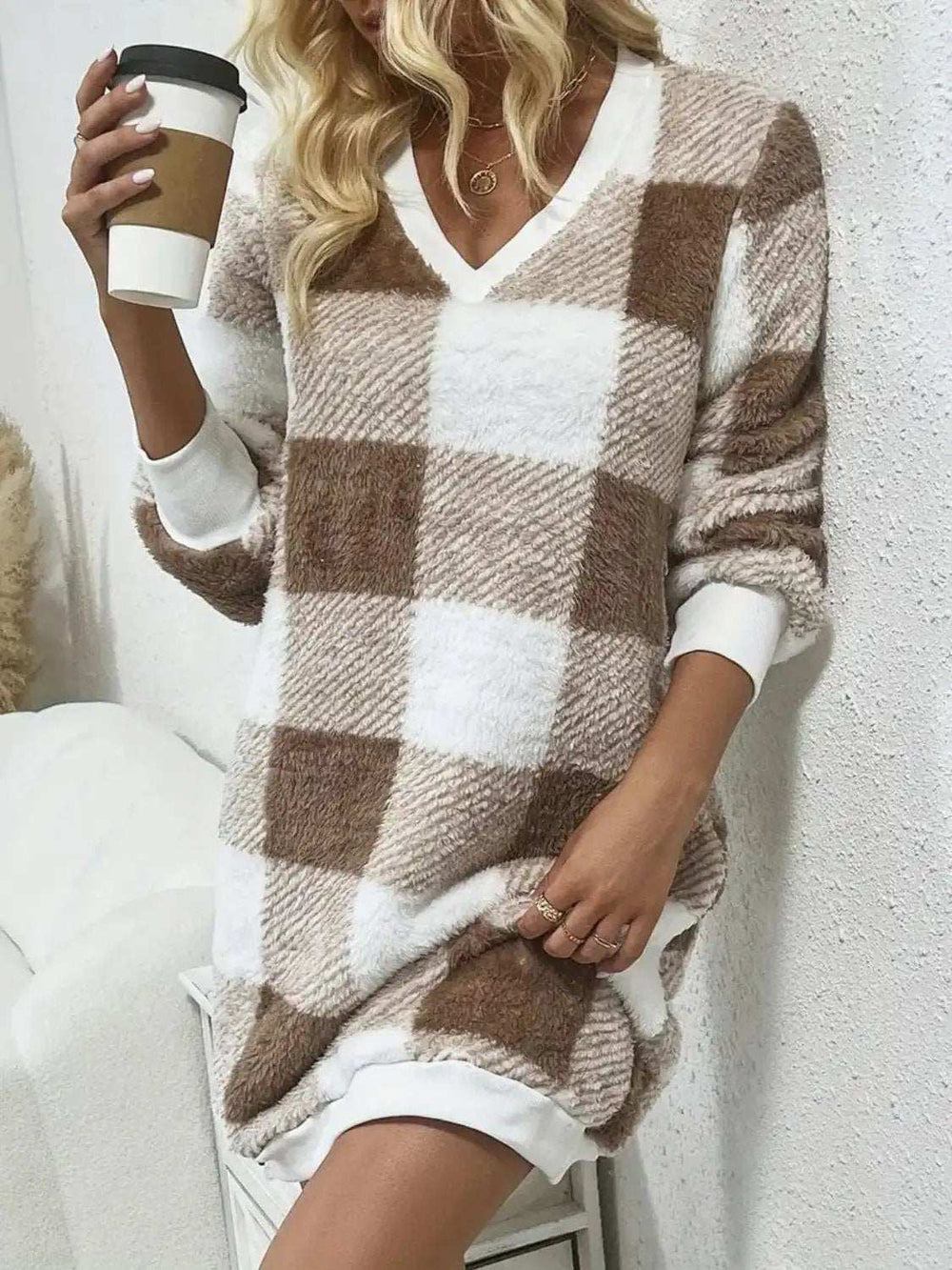 Plaid V-Neck Long Sleeve Dress - Trendsi - Flyclothing LLC