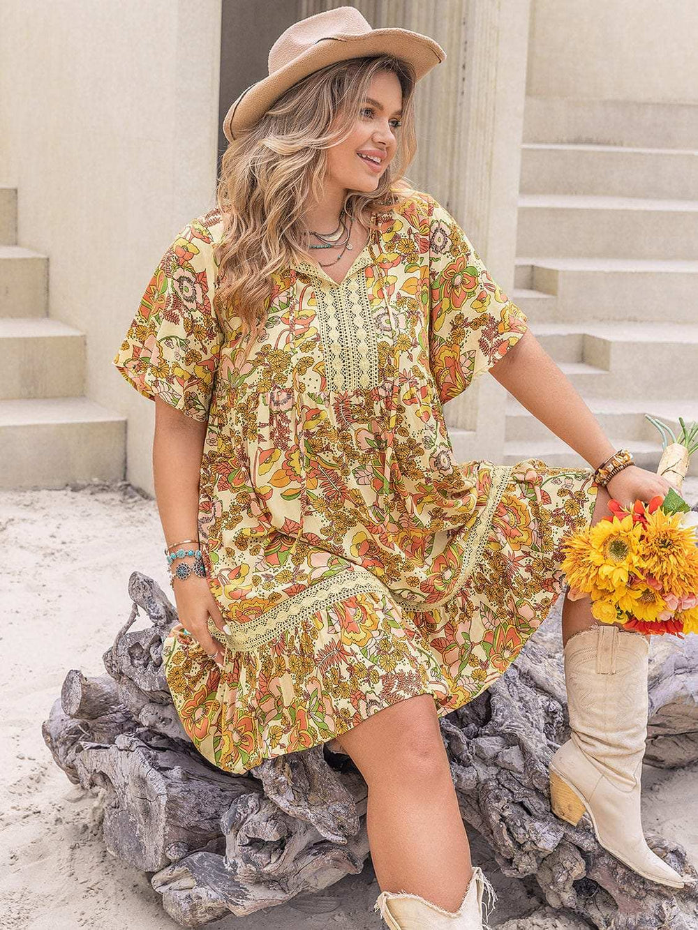 Plus Size Printed Tie Neck Short Sleeve Mini Dress - Trendsi - Flyclothing LLC