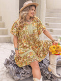 Plus Size Printed Tie Neck Short Sleeve Mini Dress - Trendsi - Flyclothing LLC