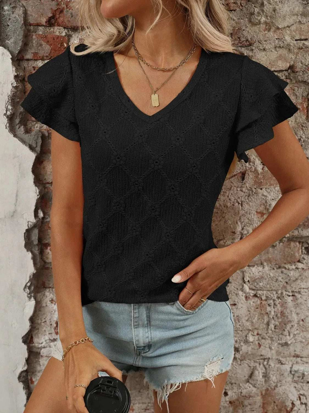 Eyelet V-Neck Ruffled Cap Sleeve Top - Trendsi - Flyclothing LLC