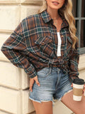 Pocketed Plaid Collared Neck Long Sleeve Shirt - Trendsi - Flyclothing LLC