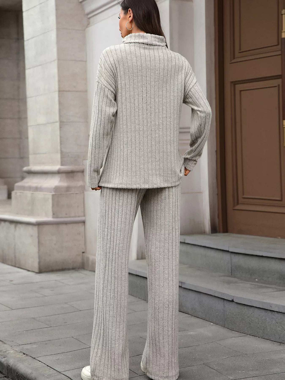 Ribbed Turtleneck Dropped Shoulder Top and Pants Sweater Set - Trendsi - Flyclothing LLC