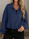 Textured Zip-Up Drawstring Hem Jacket - Trendsi - Flyclothing LLC