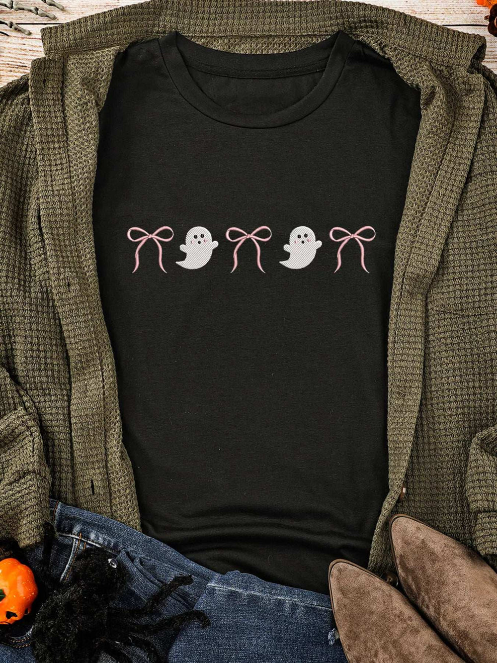Halloween Ghost Bow Graphic Short Sleeve T-Shirt - Trendsi - Flyclothing LLC
