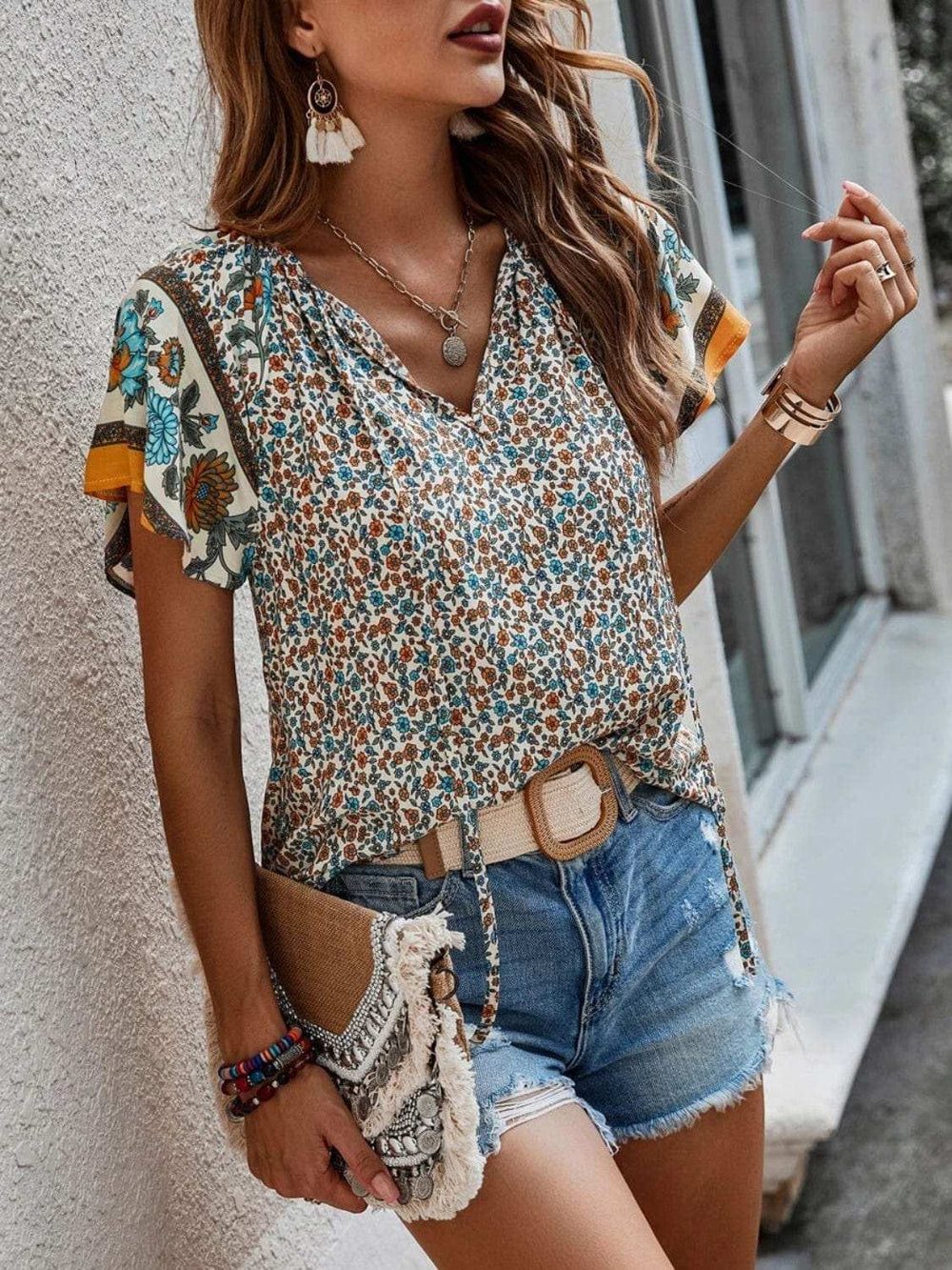Printed Tie Neck Short Sleeve Blouse - Trendsi - Flyclothing LLC