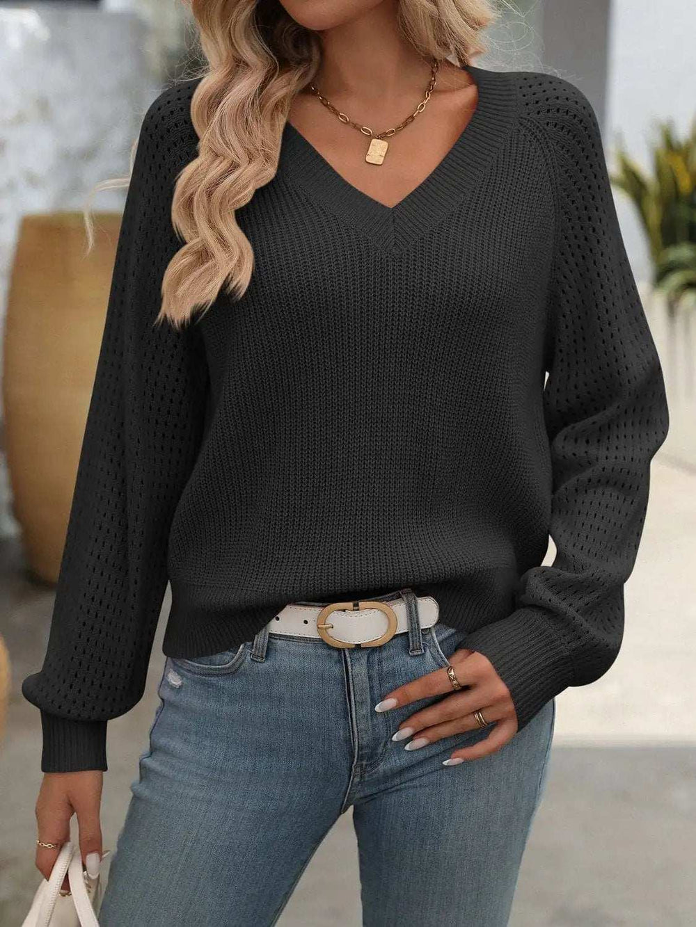 V-Neck Long Sleeve Sweater - Trendsi - Flyclothing LLC