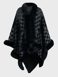 Fuzzy Checkered Long Sleeve Poncho - Trendsi - Flyclothing LLC