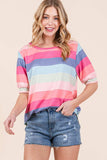 BOMBOM Striped Round Neck Half Sleeve T-Shirt - Trendsi - Flyclothing LLC