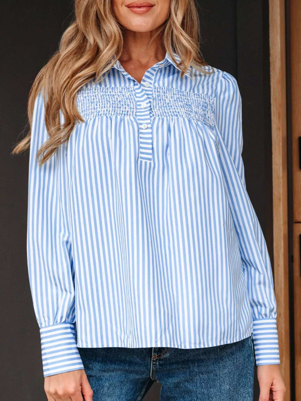 Stripe Shirred Detail Half Placket Collared Long Sleeve Shirt - Trendsi - Flyclothing LLC
