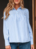 Stripe Shirred Detail Half Placket Collared Long Sleeve Shirt - Trendsi - Flyclothing LLC