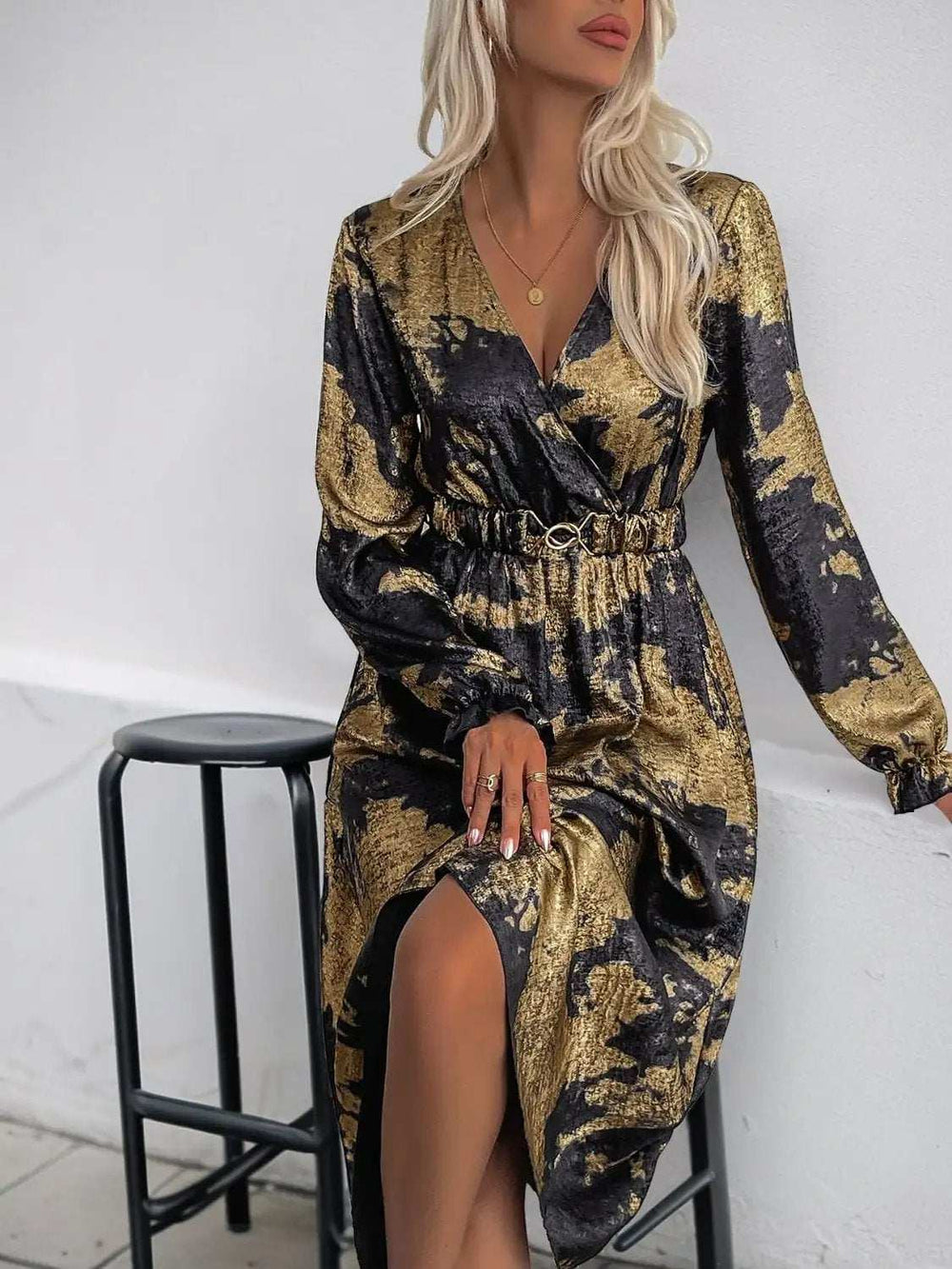 Perfee Printed Surplice Long Sleeve Midi Dress - Trendsi - Flyclothing LLC