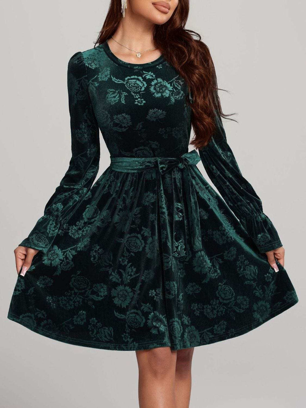 Tied Flower Print Round Neck Flounce Sleeve Dress - Trendsi - Flyclothing LLC