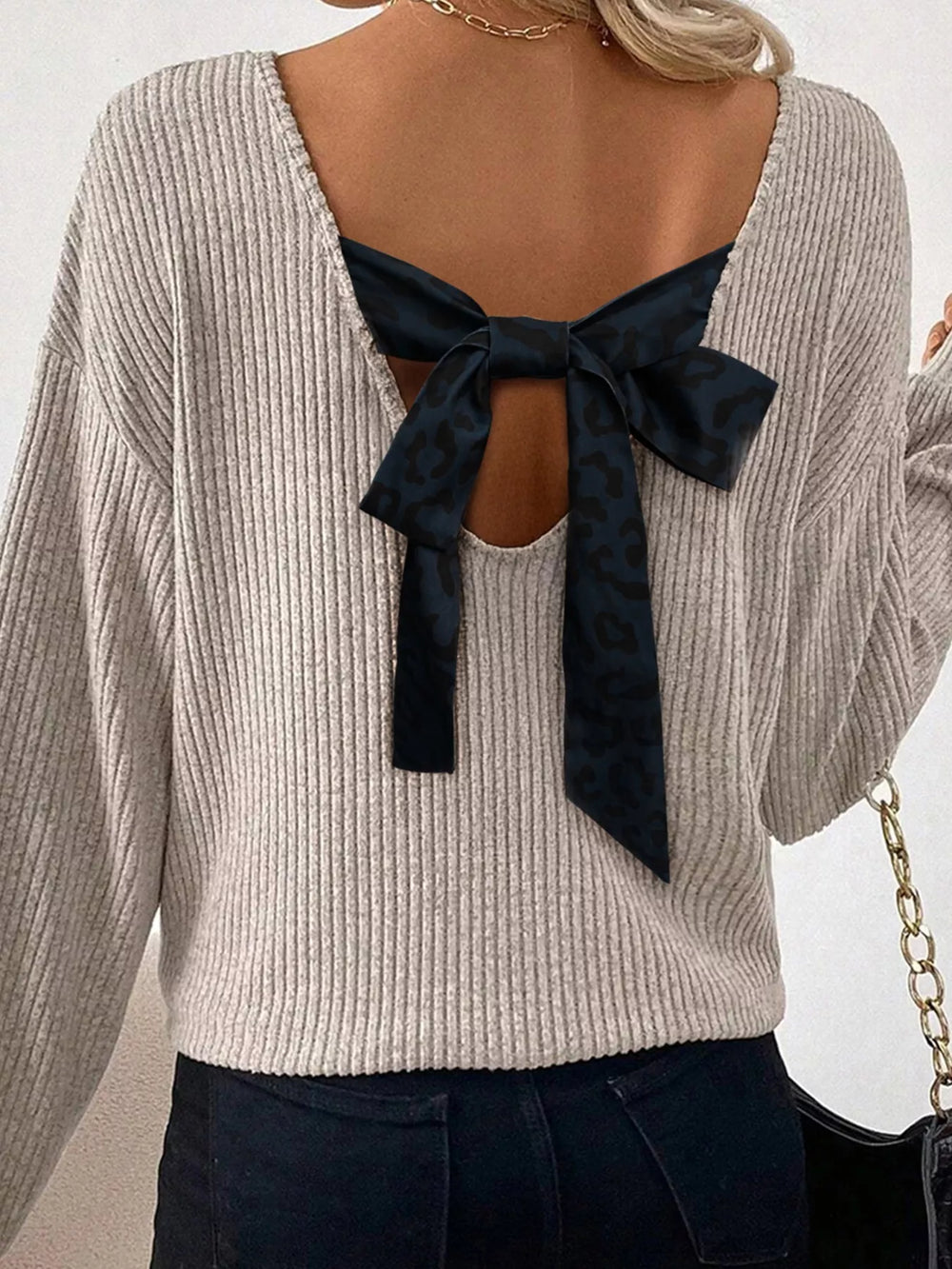 Ribbed V Neck Contrast Ribbon Bow Back Drop Shoulder Long Sleeve Top - Trendsi - Flyclothing LLC