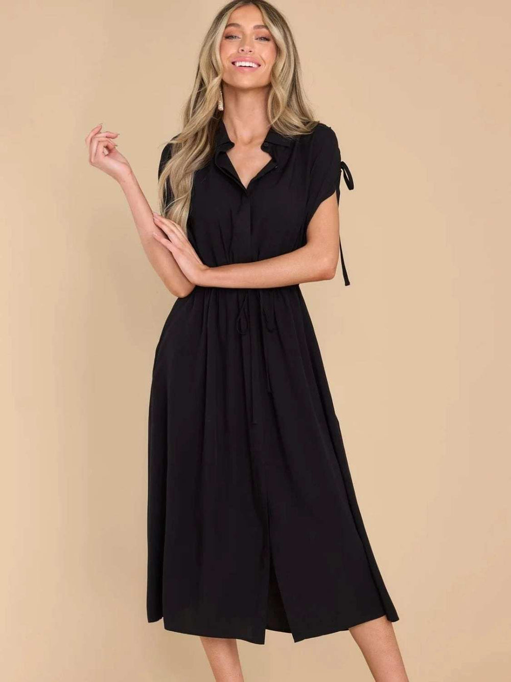 Drawstring Collared Neck Short Sleeve Midi Dress - Trendsi - Flyclothing LLC