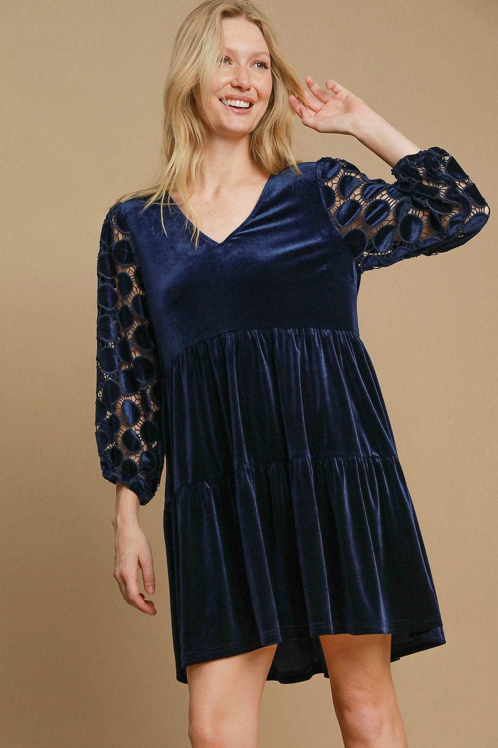 Umgee Dotted Lace Sleeve Tiered Velvet Mini Dress - Trendsi - Flyclothing LLC