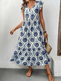 Printed V-Neck Cap Sleeve Dress - Trendsi - Flyclothing LLC