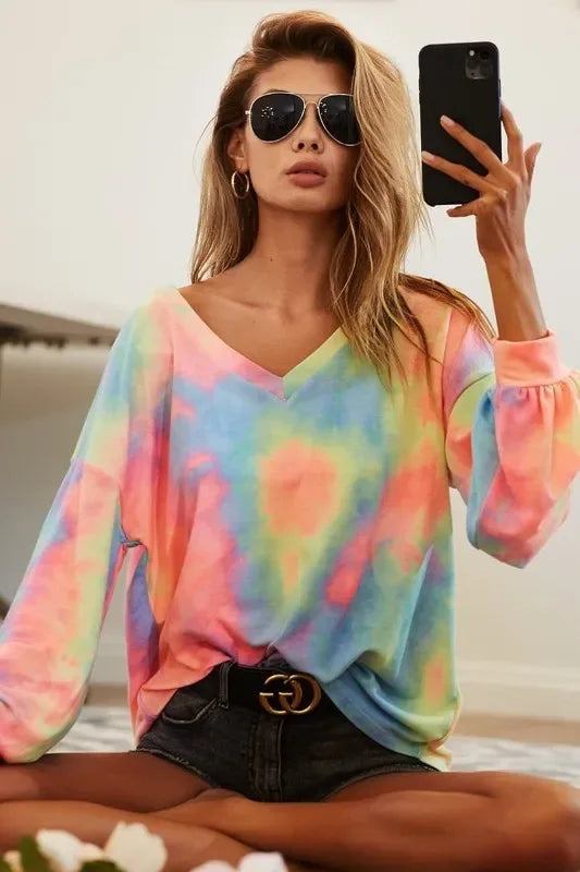 BiBi Tie Dye French Terry V Neck Top - Trendsi - Flyclothing LLC