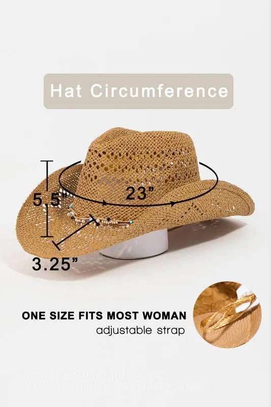 Fame Beaded Cowrie Shell Straw Weave Western Cowboy Hat - Trendsi - Flyclothing LLC