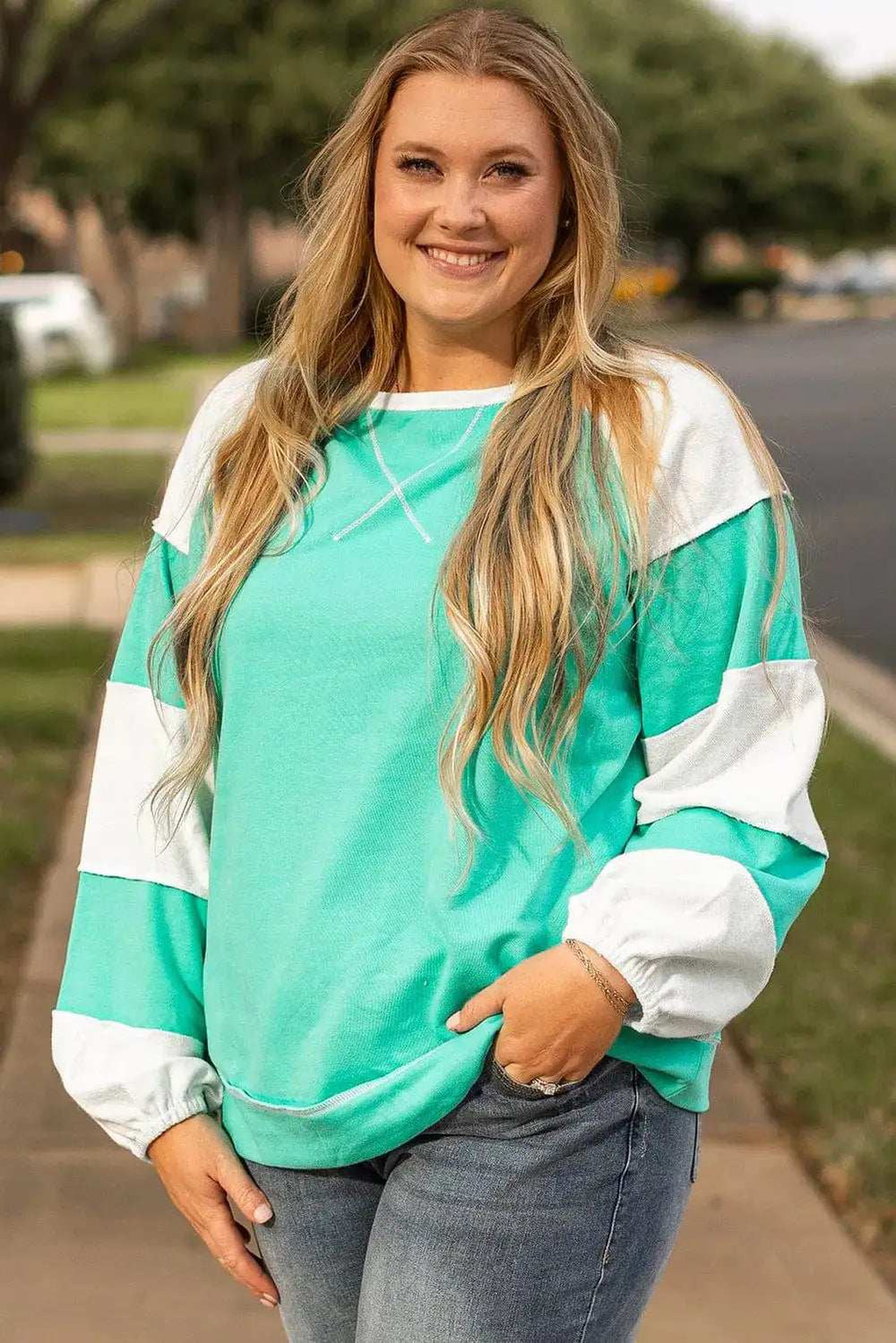 Plus Size Exposed Seam Color Block Long Sleeve Sweatshirt - Trendsi - Flyclothing LLC