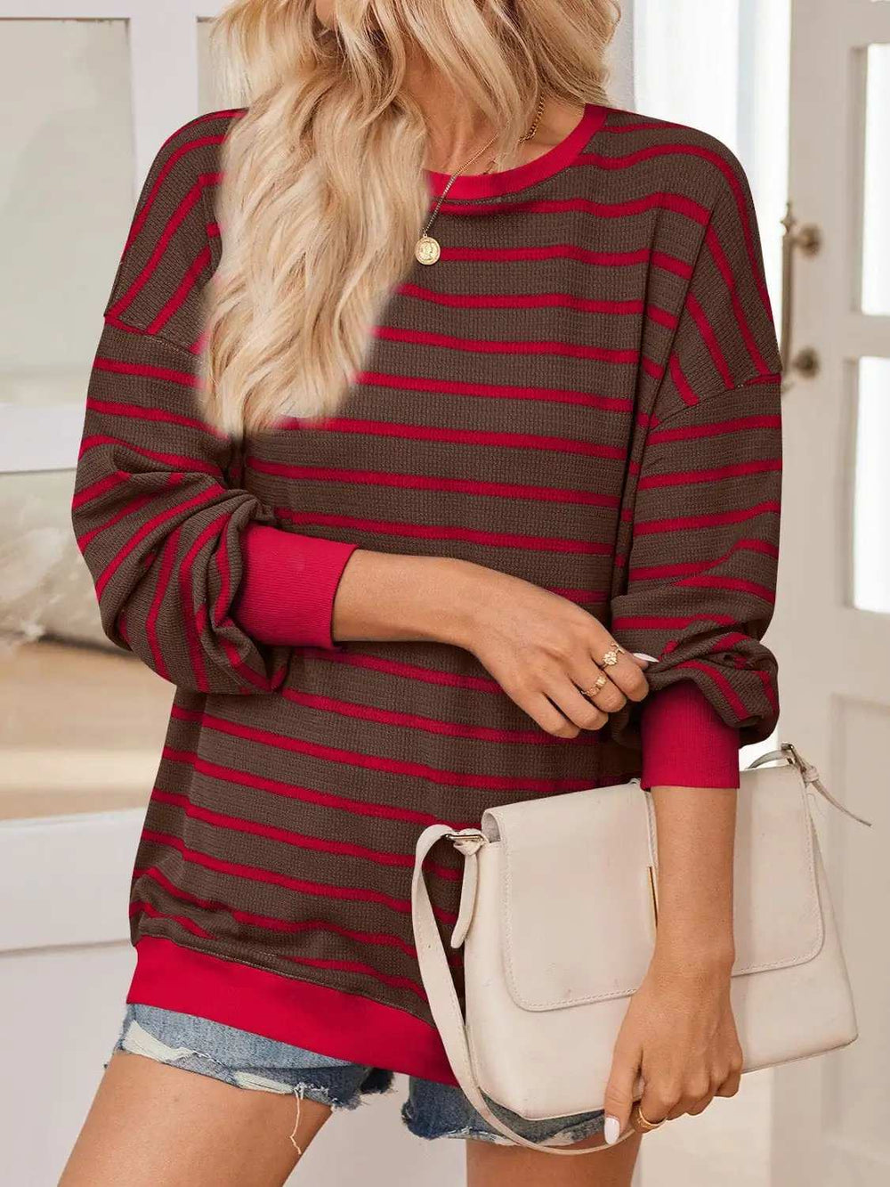 Lovelet Striped Contrast Long Sleeve Sweatshirt - Trendsi - Flyclothing LLC