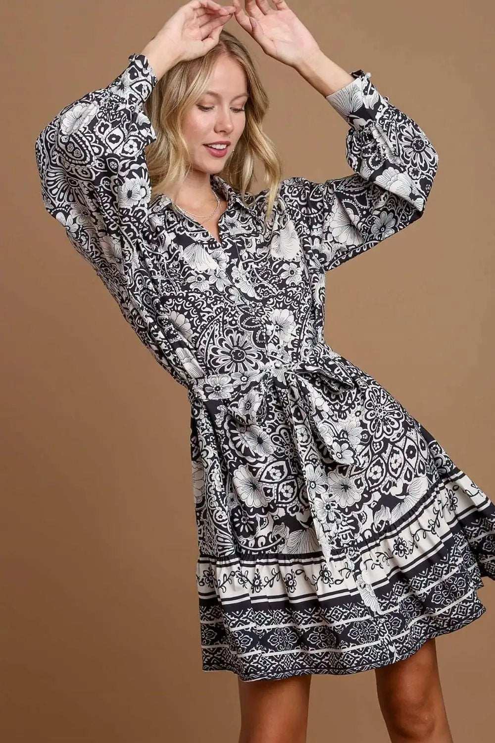 Umgee Full Size Two Tone Floral Border Print Tie Waist Mini Dress Plus Size - Trendsi - Flyclothing LLC