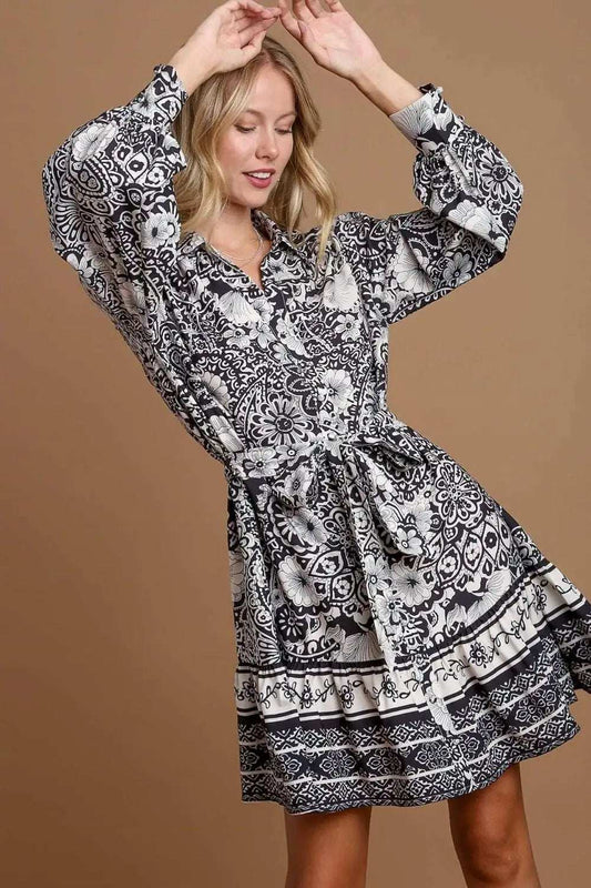 Umgee Full Size Two Tone Floral Border Print Tie Waist Mini Dress Plus Size - Trendsi - Flyclothing LLC