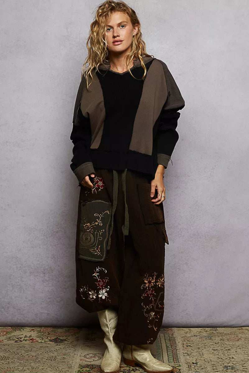 POL Color Block Waffle Knit Raw Hem Sweatshirt - Trendsi - Flyclothing LLC