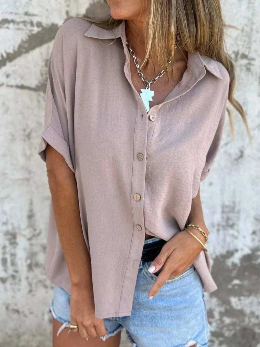 Full Size Collared Neck Half Sleeve Shirt Plus Size - Trendsi - Flyclothing LLC