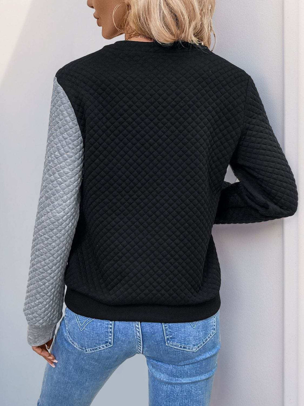 Perfee Decorative Button Contrast Long Sleeve Sweatshirt - Trendsi - Flyclothing LLC