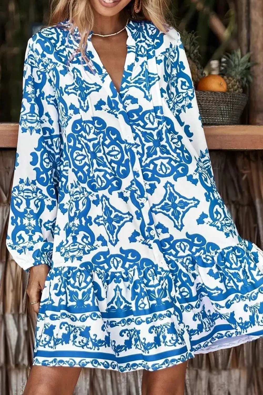 Ruffled Printed Notched Long Sleeve Dress - Trendsi - Flyclothing LLC