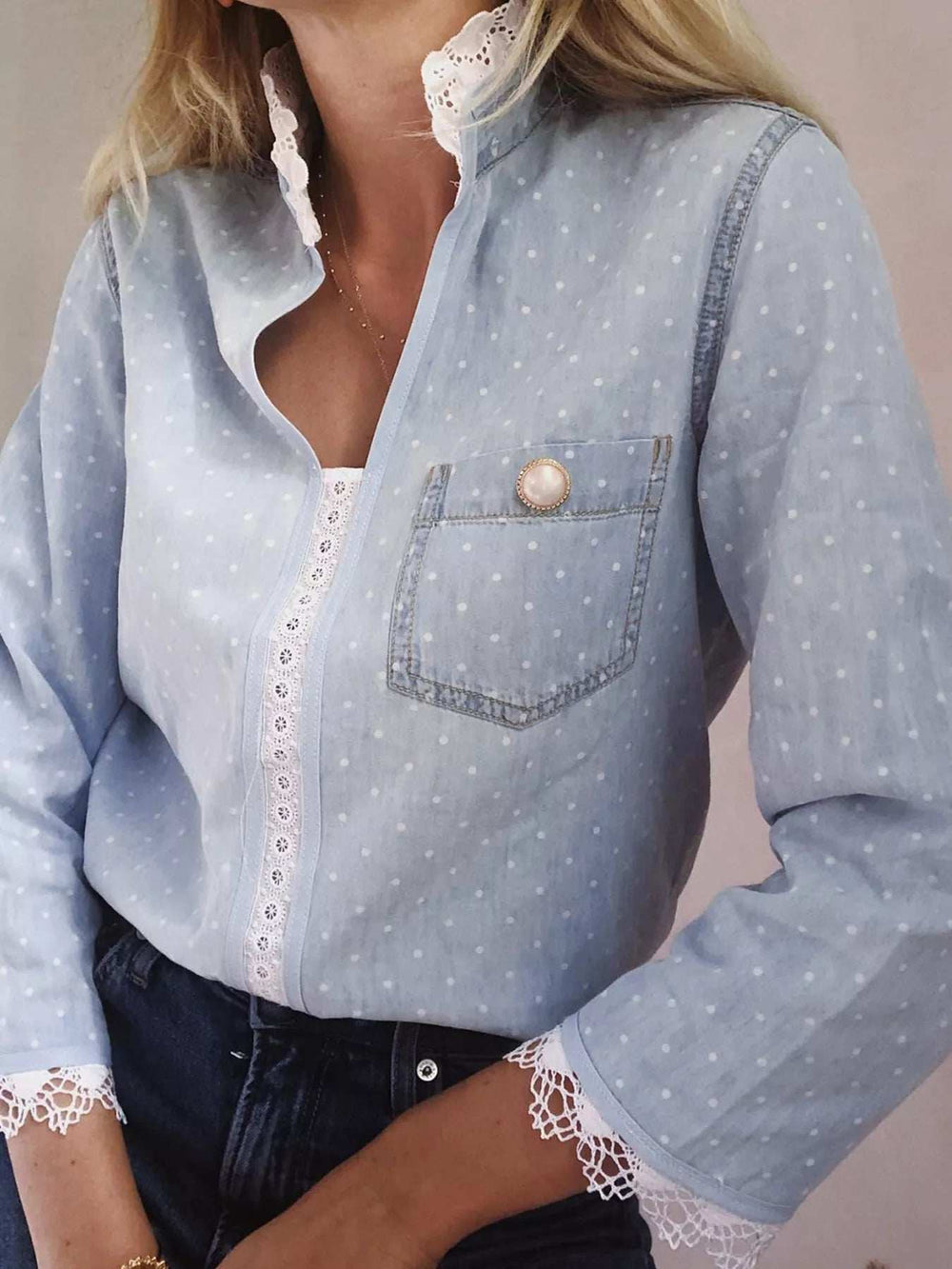 Lace Trim Patchwork Dotted Print Collared Blouse - Trendsi - Flyclothing LLC
