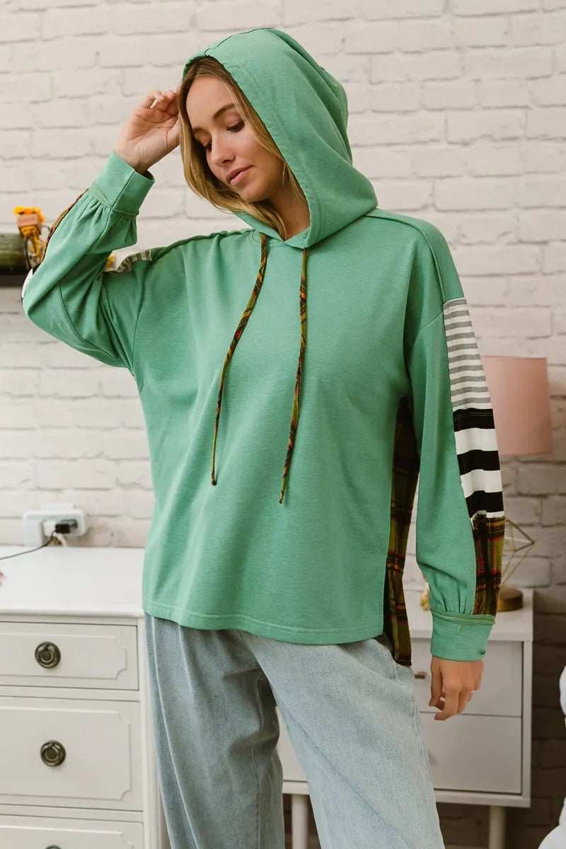 BiBi Plaid With Stripes Mix Match French Terry Hoodie - Trendsi - Flyclothing LLC