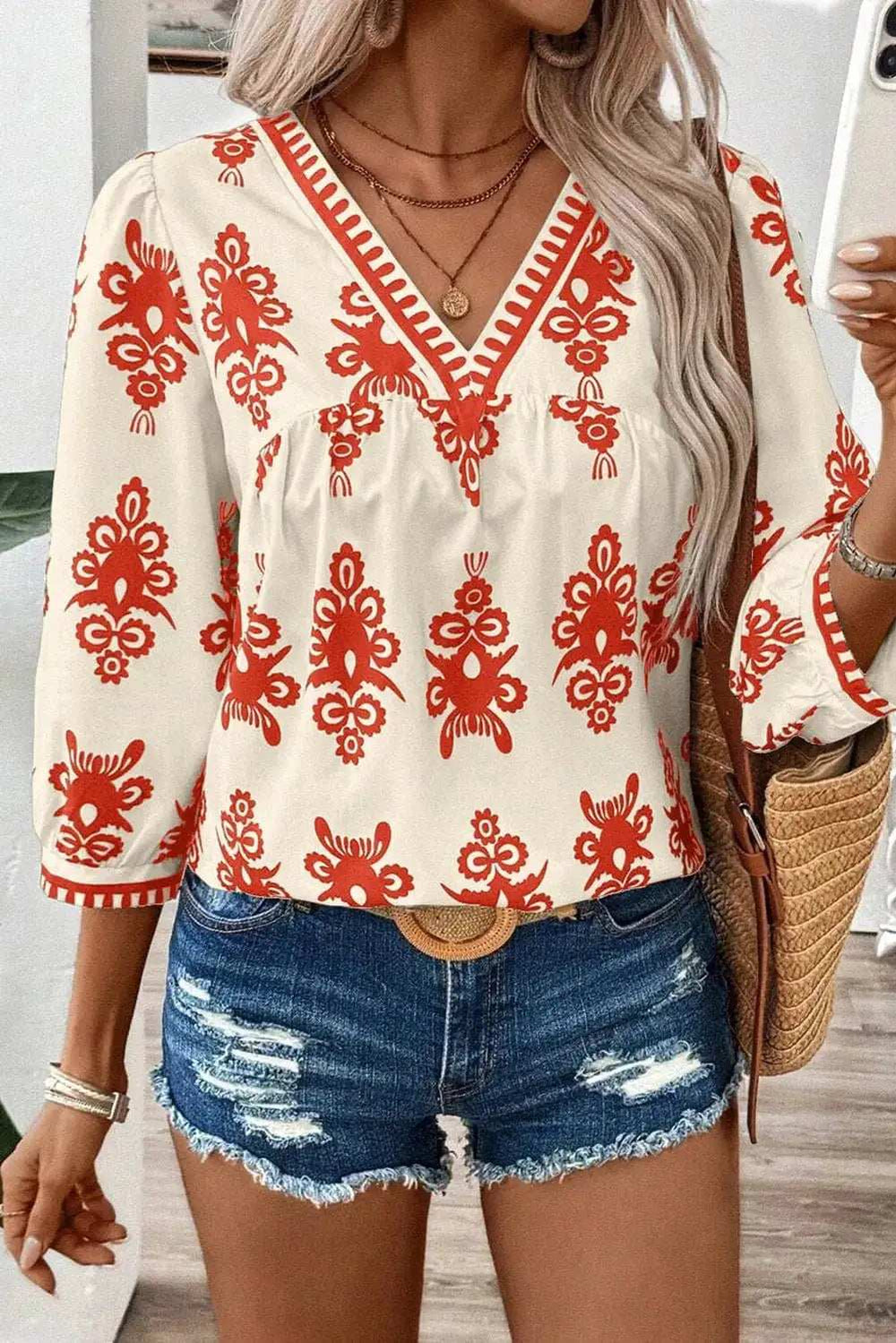 Printed V-Neck Three-Quarter Sleeve Blouse - Trendsi - Flyclothing LLC