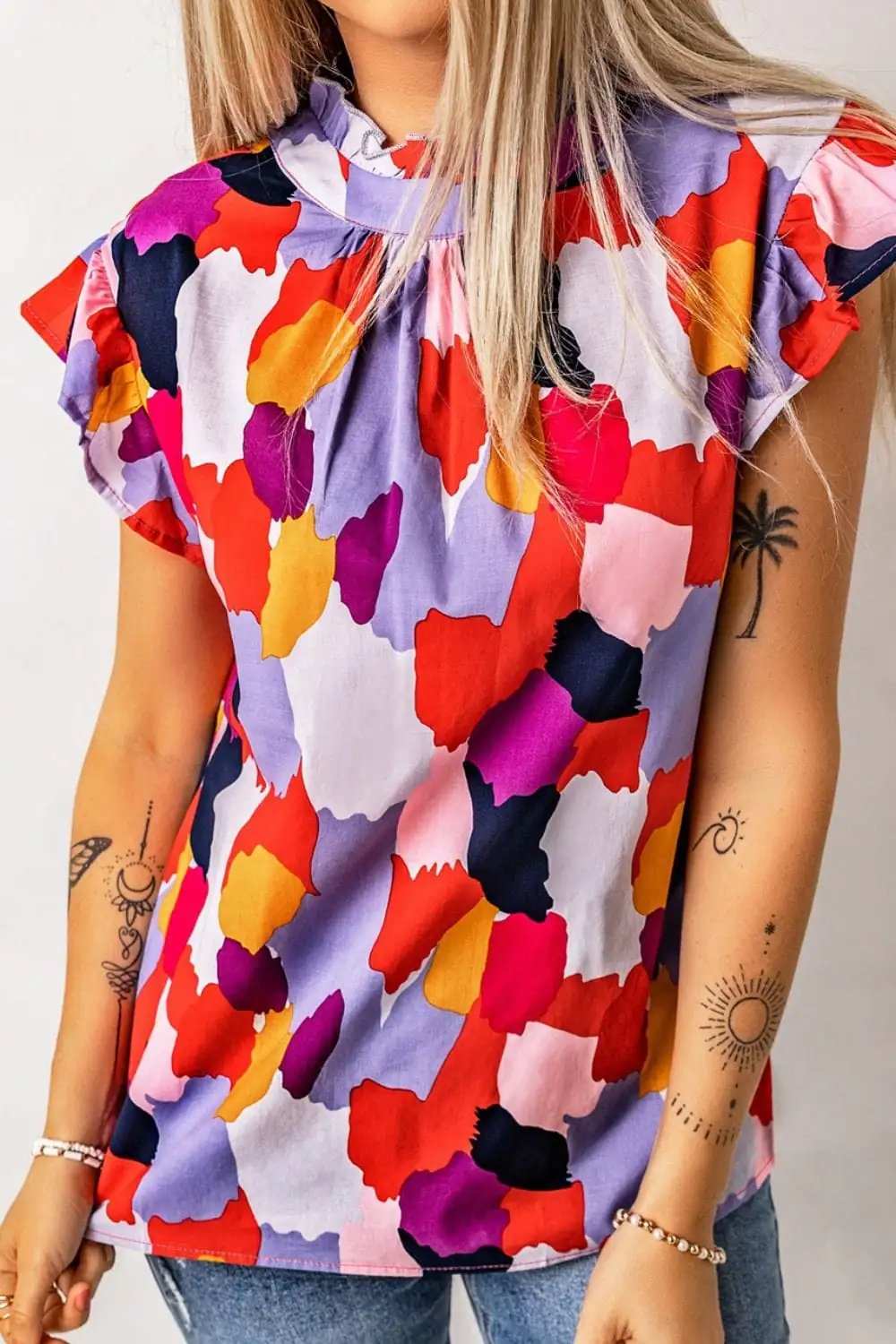 Frill Printed Mock Neck Cap Sleeve Blouse - Trendsi - Flyclothing LLC