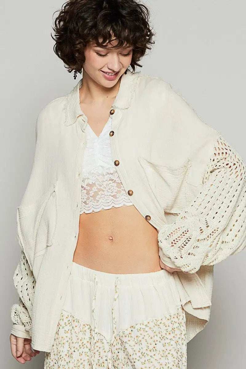 POL Openwork Lantern Sleeve Button Down Gauze Shirt - Trendsi - Flyclothing LLC