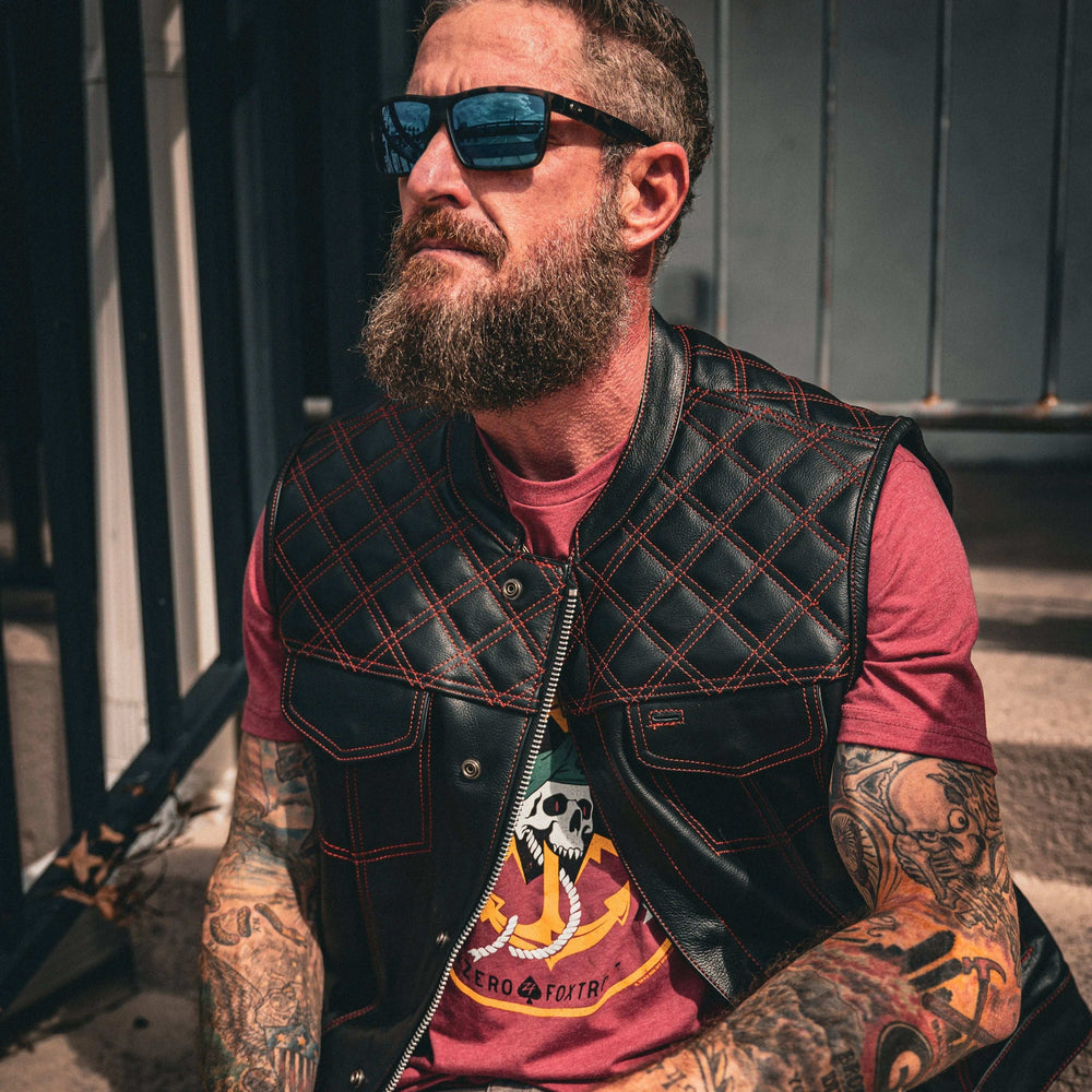 Red Diamond - Mens Premium Leather Diamond Stitch Club Vest - Unik Just for Bikers - Flyclothing LLC