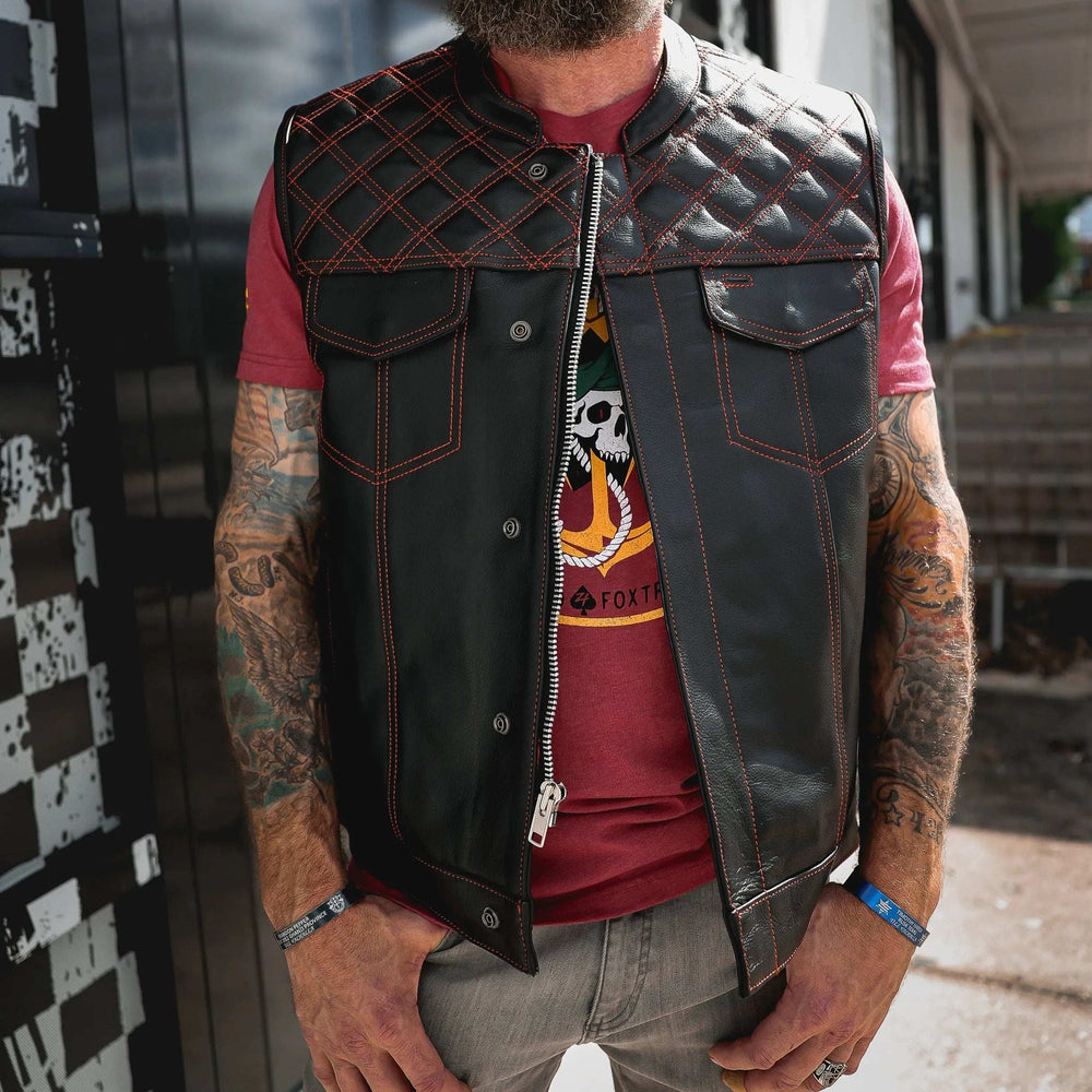 Red Diamond - Mens Premium Leather Diamond Stitch Club Vest - Unik Just for Bikers - Flyclothing LLC