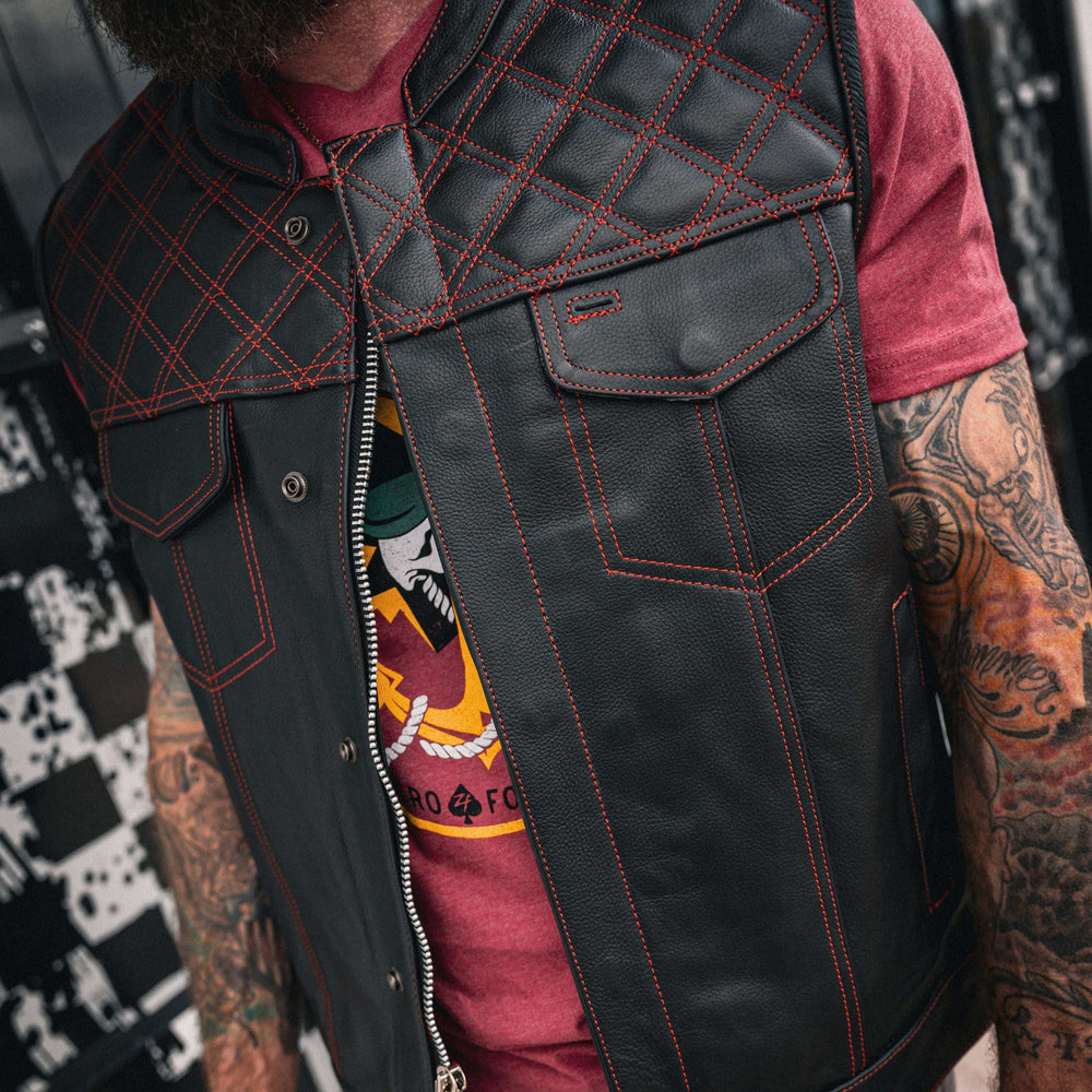Red Diamond - Mens Premium Leather Diamond Stitch Club Vest - Unik Just for Bikers - Flyclothing LLC