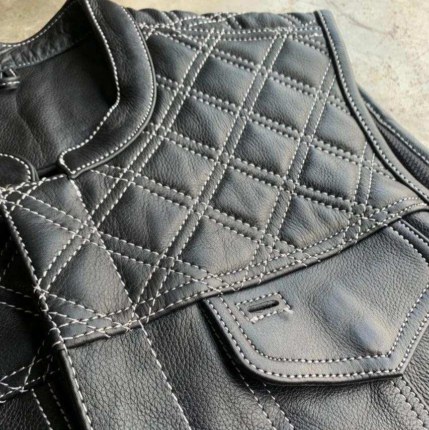 White Diamond - Mens Premium Leather Diamond Stitch Club Vest - Unik Just for Bikers - Flyclothing LLC