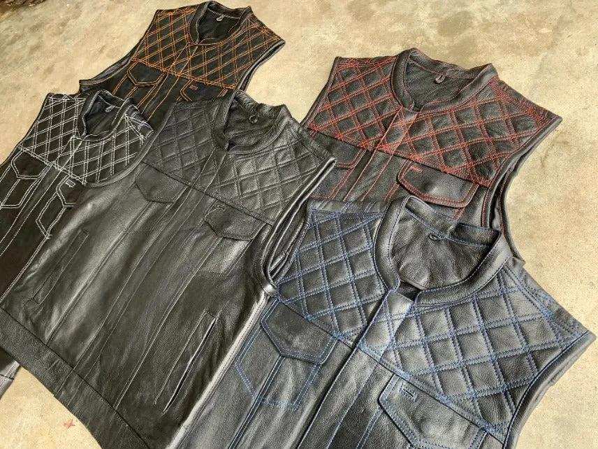 White Diamond - Mens Premium Leather Diamond Stitch Club Vest - Unik Just for Bikers - Flyclothing LLC