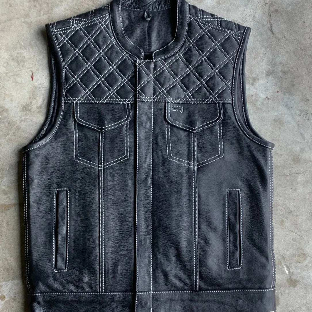 White Diamond - Mens Premium Leather Diamond Stitch Club Vest - Unik Just for Bikers - Flyclothing LLC