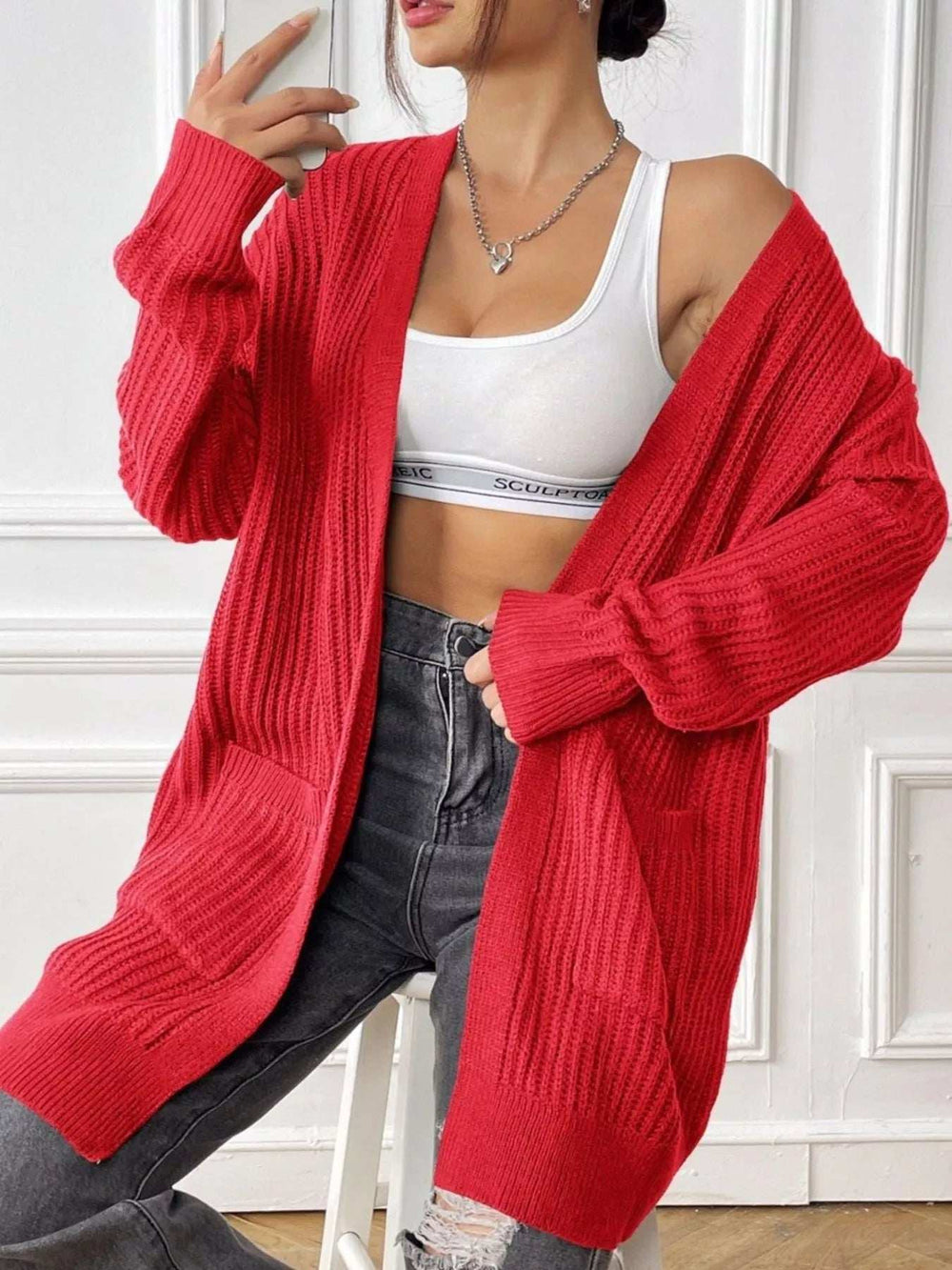 Open Front Drop Shoulder Cardigan - Trendsi - Flyclothing LLC