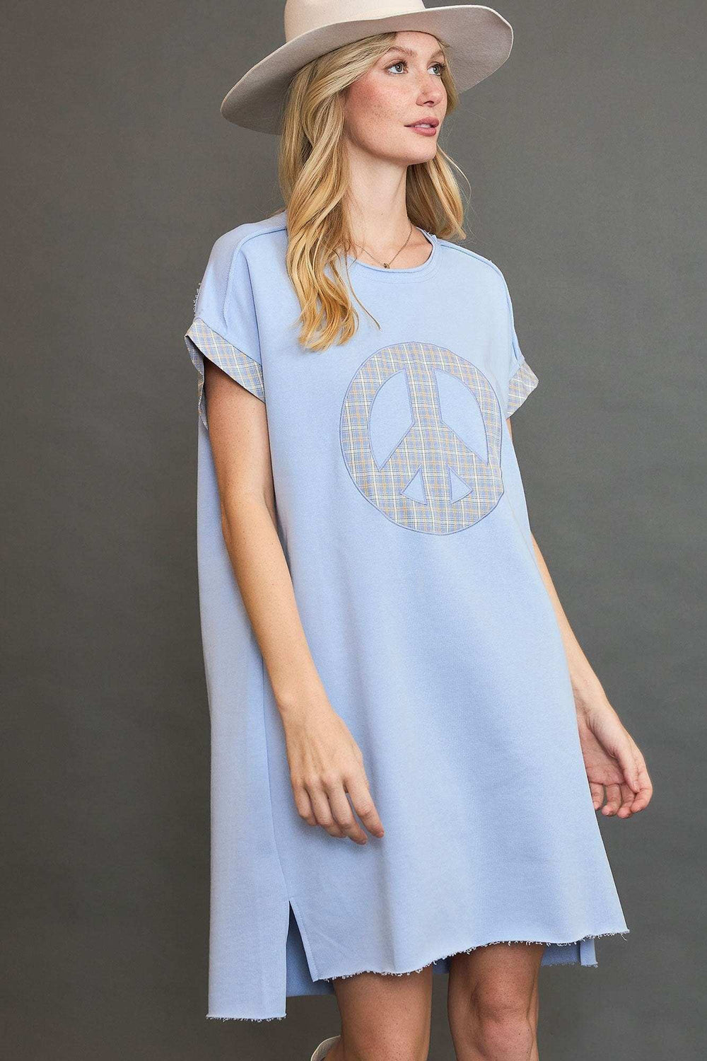 Umgee Peace Plaid Applique Short Sleeve Mini Dress - Trendsi - Flyclothing LLC