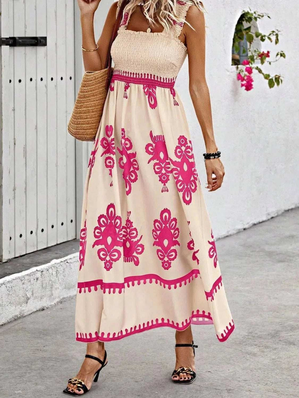 Smocked Printed Wide Strap Maxi Dress - Trendsi - Flyclothing LLC
