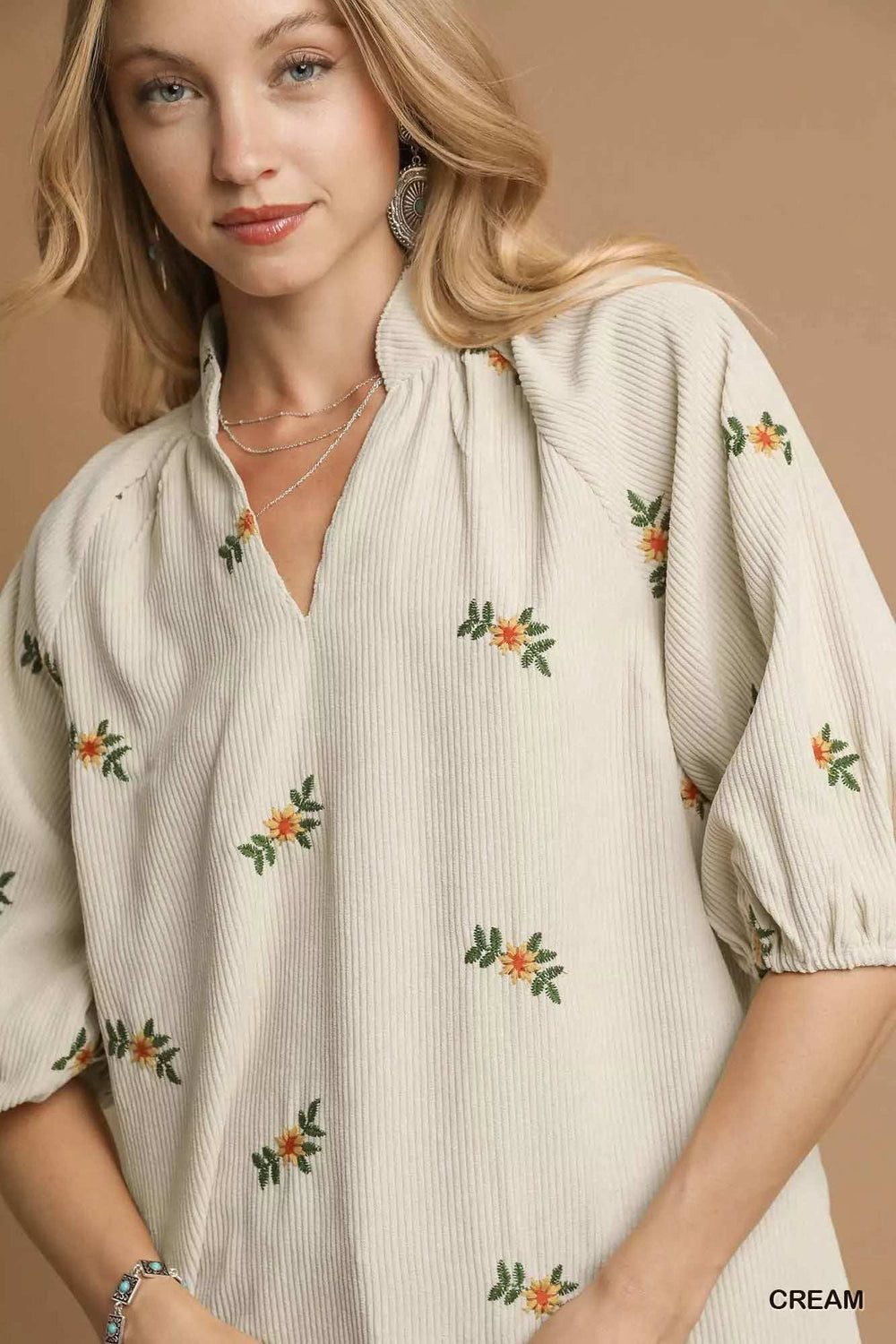 Umgee Corduroy Floral Embroidered Puff Sleeve Blouse - Trendsi - Flyclothing LLC