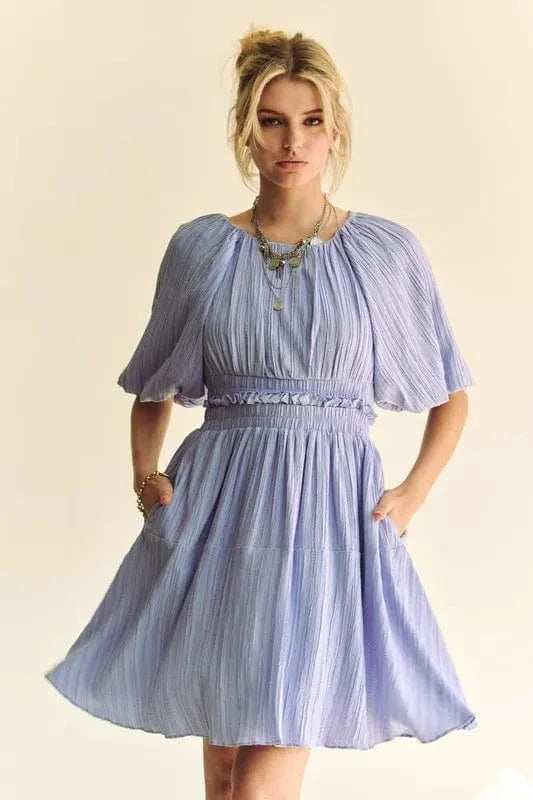 Davi & Dani Back Button Puff Sleeve Mini Dress - Trendsi - Flyclothing LLC