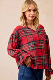 BiBi Christmas Plaid V-Neck Flounce Sleeve Jacket - Trendsi - Flyclothing LLC