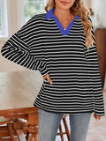 Striped Johnny Collar Long Sleeve T-Shirt - Trendsi - Flyclothing LLC